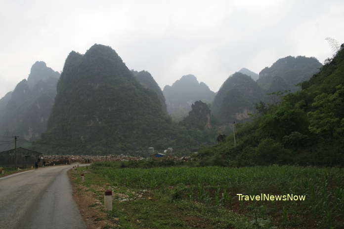 Scenic road to Trung Khanh where we visit the Ban Gioc Waterfall, Nguom Ngao Cave and Khuoi Ky Ancient Stone Village